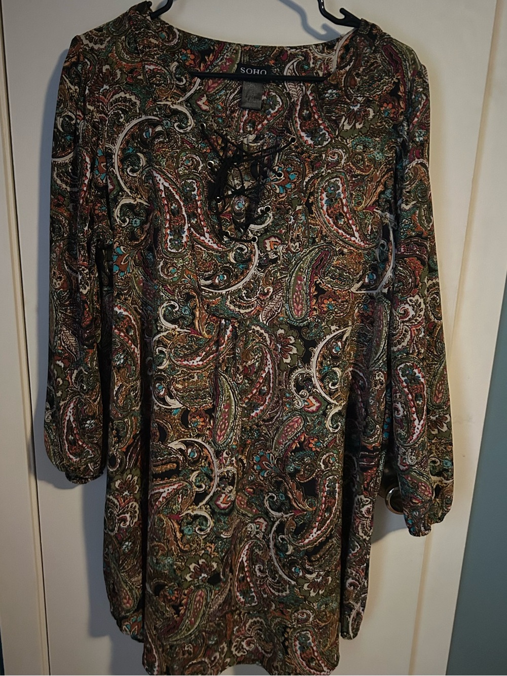 *2 for $15* Soho Olive Multi Paisley Lace-Up Tunic Dress XL